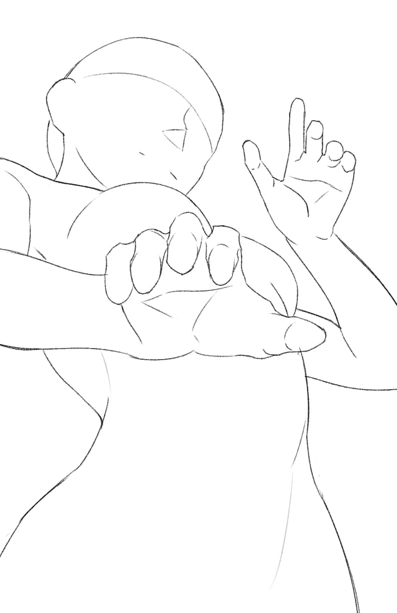 A clean pencil underdrawing of the figure, forms only, no costume or face