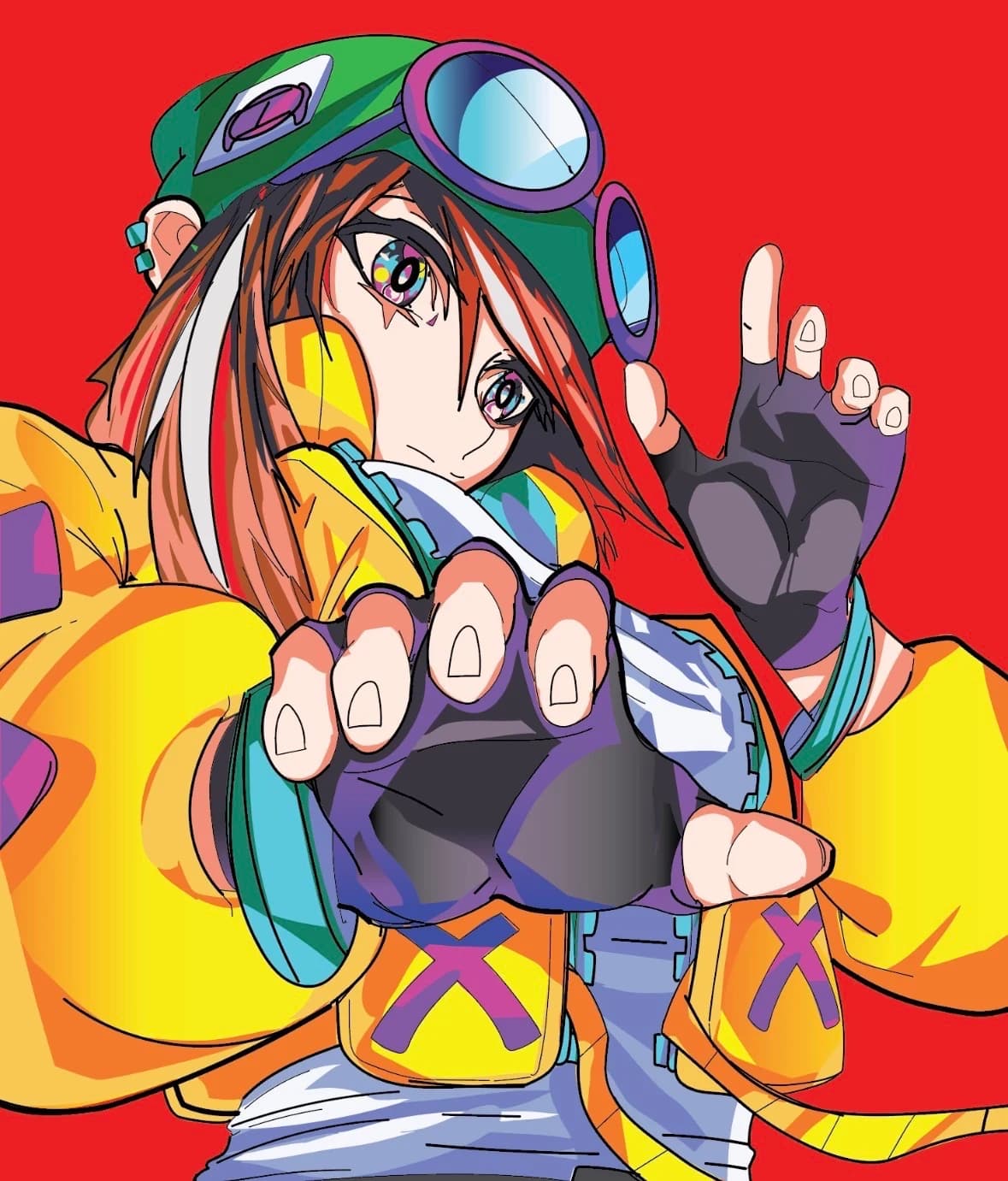 Inked and colored manga figure reaching a hand toward the viewer, in a green cap with goggles and a yellow jacket