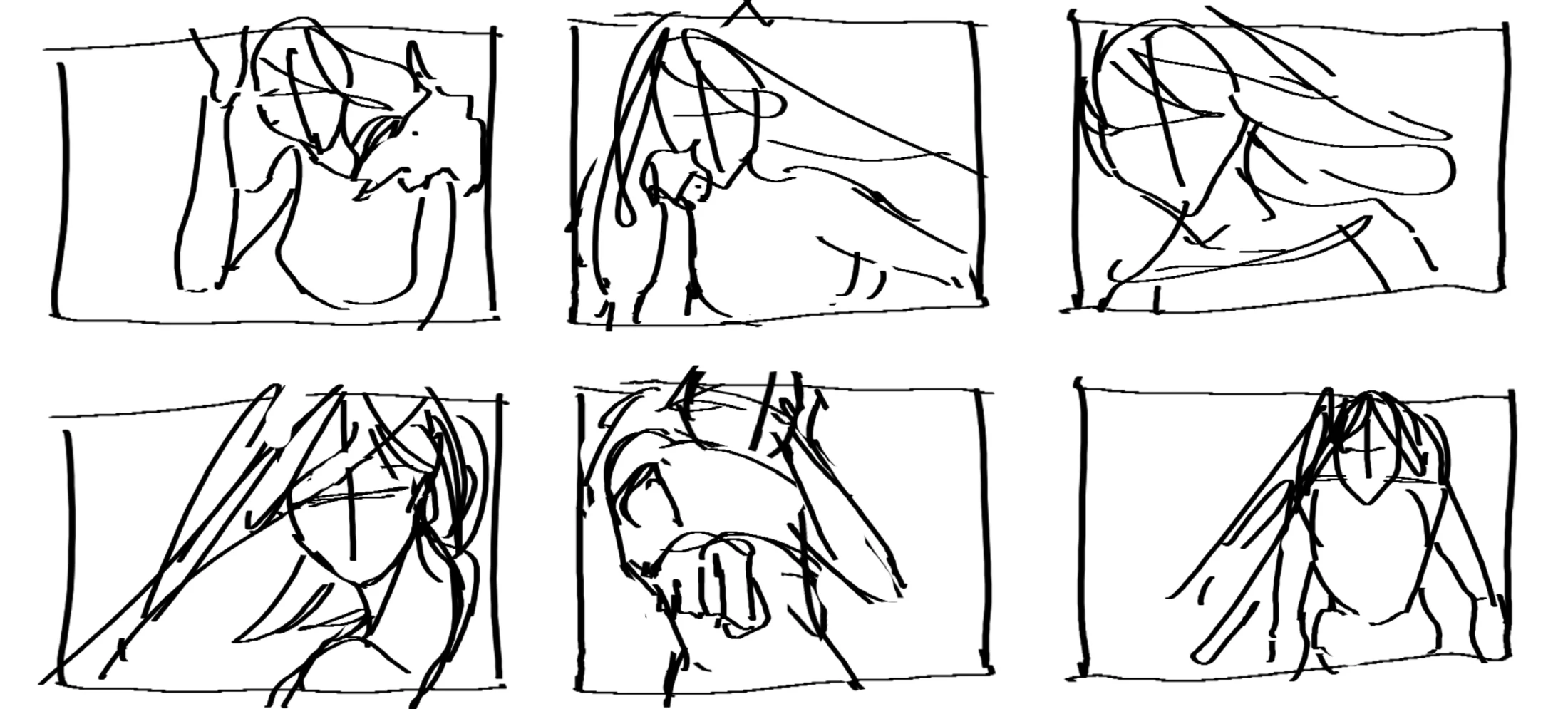 Six rough composition thumbnails, each a boxed pose sketched in a few marks