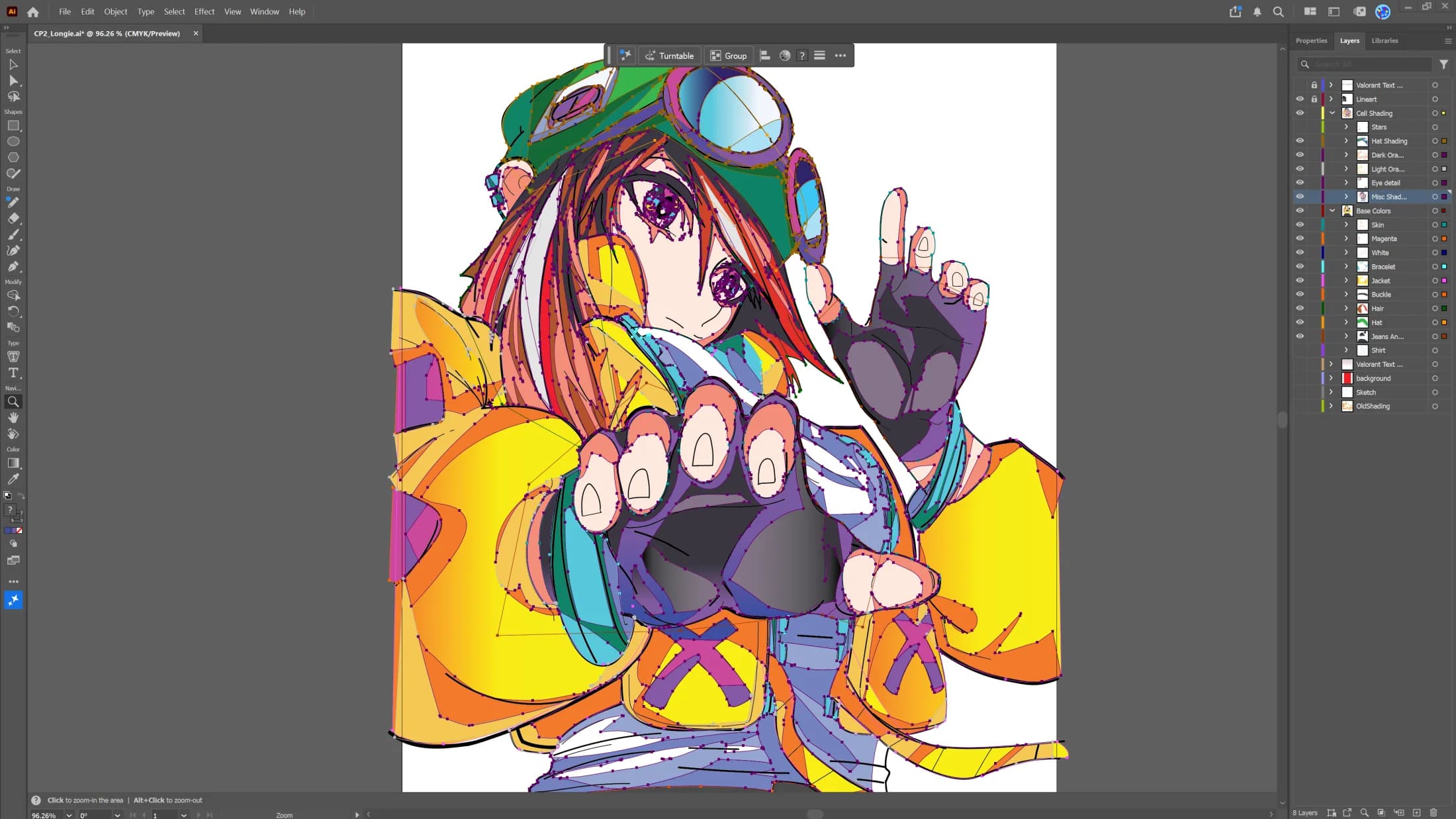 The Illustrator workspace, anchor points visible across the artwork and a layers panel showing named groups for Base Colors and Cell Shading