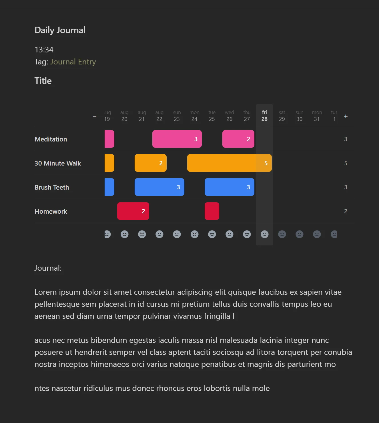 The same Tally grid in dark mode, identical layout and habit colors on Obsidian's near black ground