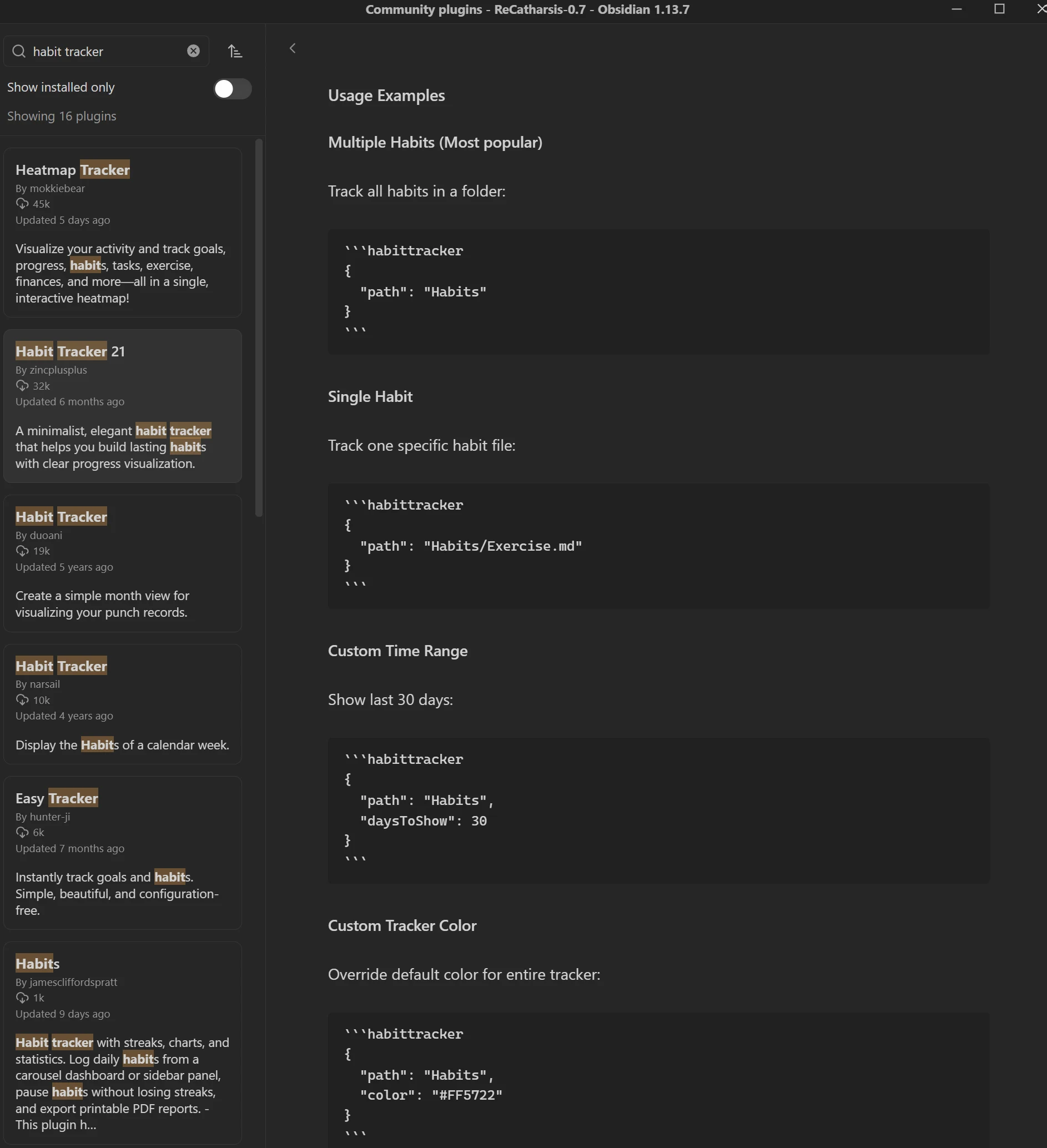 Habit Tracker 21 by zincplusplus in Obsidian's plugin browser, thirty two thousand installs, beside its usage documentation: four separate JSON configuration blocks a user hand writes inside their own note to set the habit folder, the number of days shown and the color