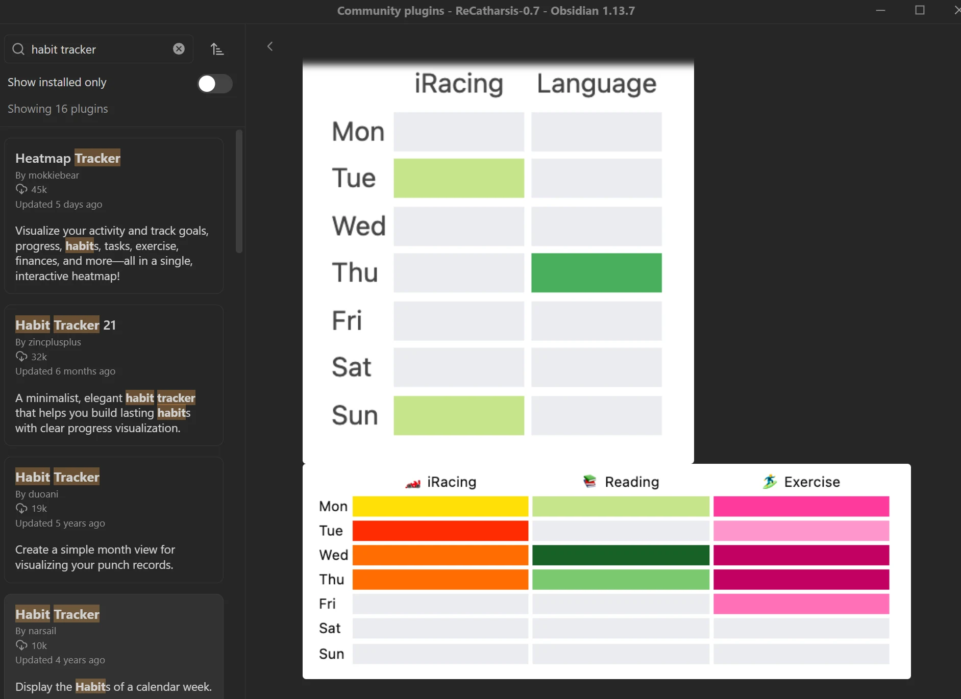 Habit Tracker by Narsail in Obsidian's plugin browser, ten thousand installs and last updated four years ago, beside its own documentation images: two flat weekly grids of habits against Monday to Sunday, filled in solid green and pink