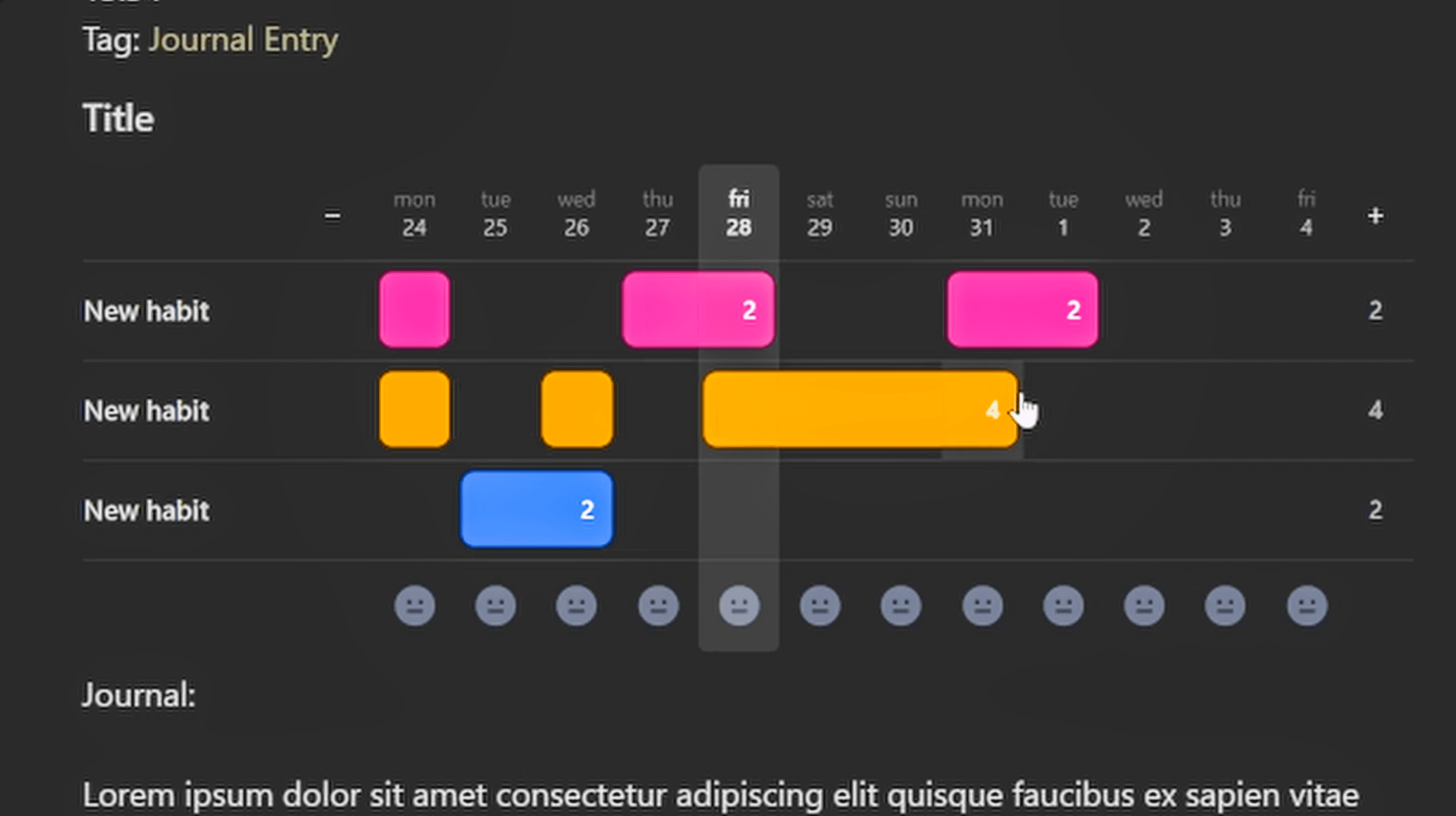 Tally running inside an Obsidian note: a two week date grid with three habit rows drawn as pink, orange and blue bars carrying their counts, a row of mood faces beneath them, and the note's own journal text underneath