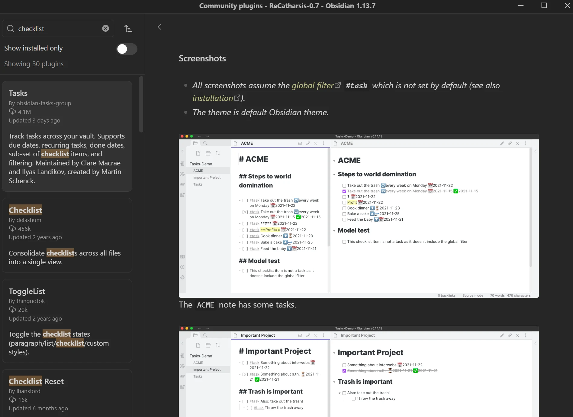 The Tasks plugin in Obsidian's plugin browser at four point one million installs, beside its own documentation showing to-do lines written with a hash task tag and dates set as emoji, a repeat arrow and a calendar and a tick each followed by a date