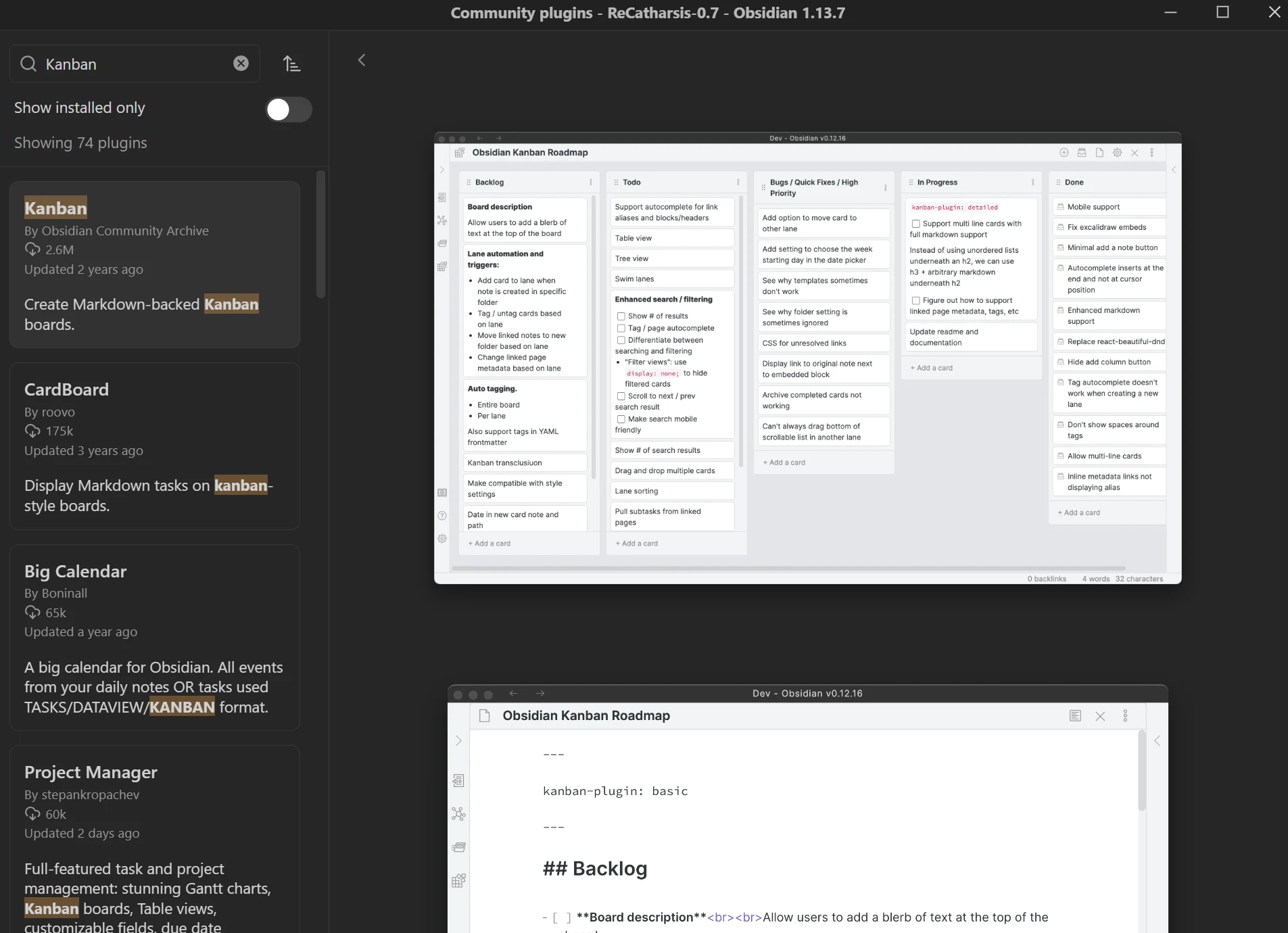 The Kanban plugin in Obsidian's plugin browser at two point six million installs, beside a board of cards sorted into columns headed Backlog, Todo, In Progress and Done