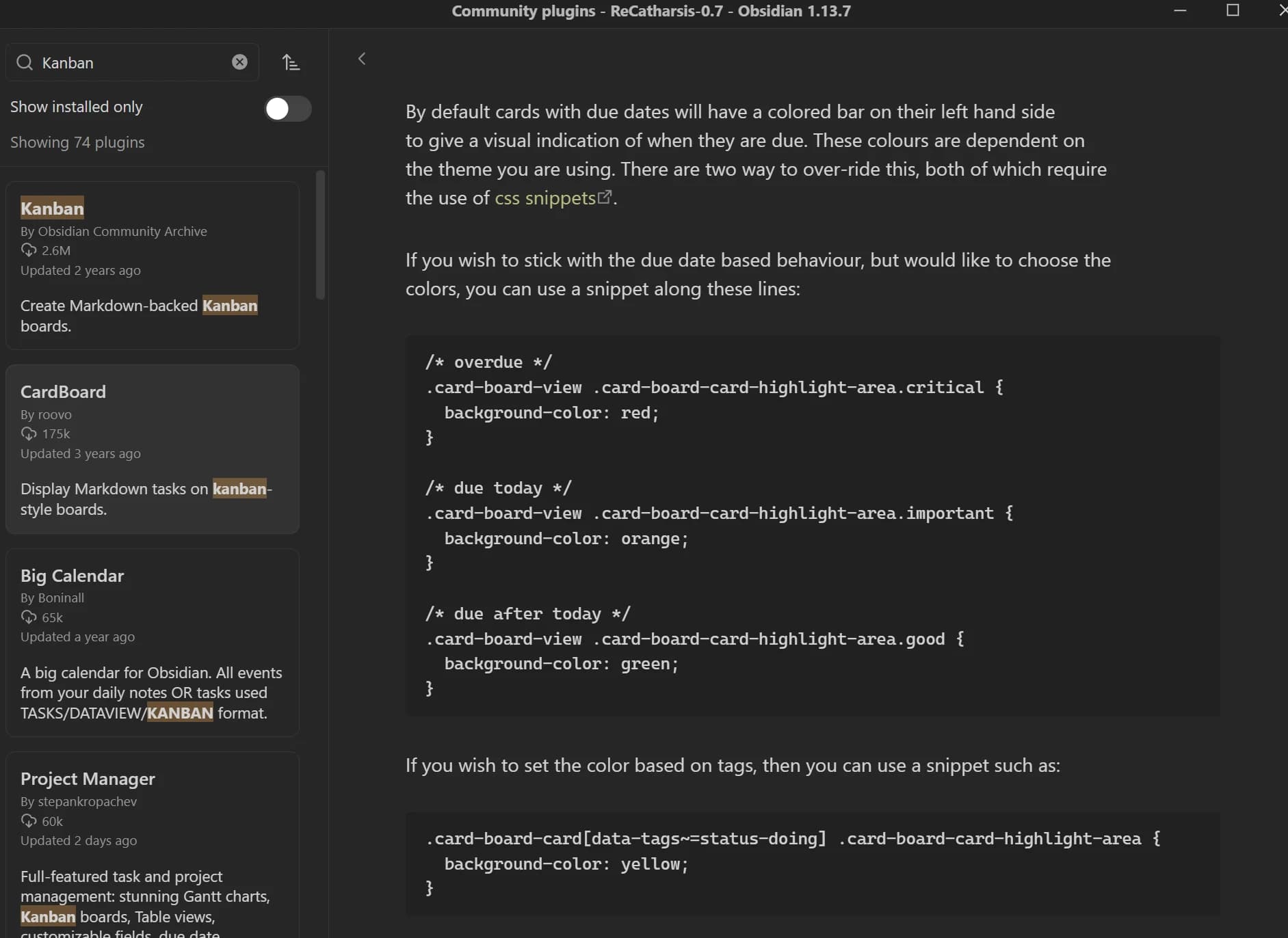 The CardBoard plugin in Obsidian's plugin browser at one hundred and seventy five thousand installs, beside its documentation explaining that changing card colors requires writing your own CSS, with three blocks of it printed as the example