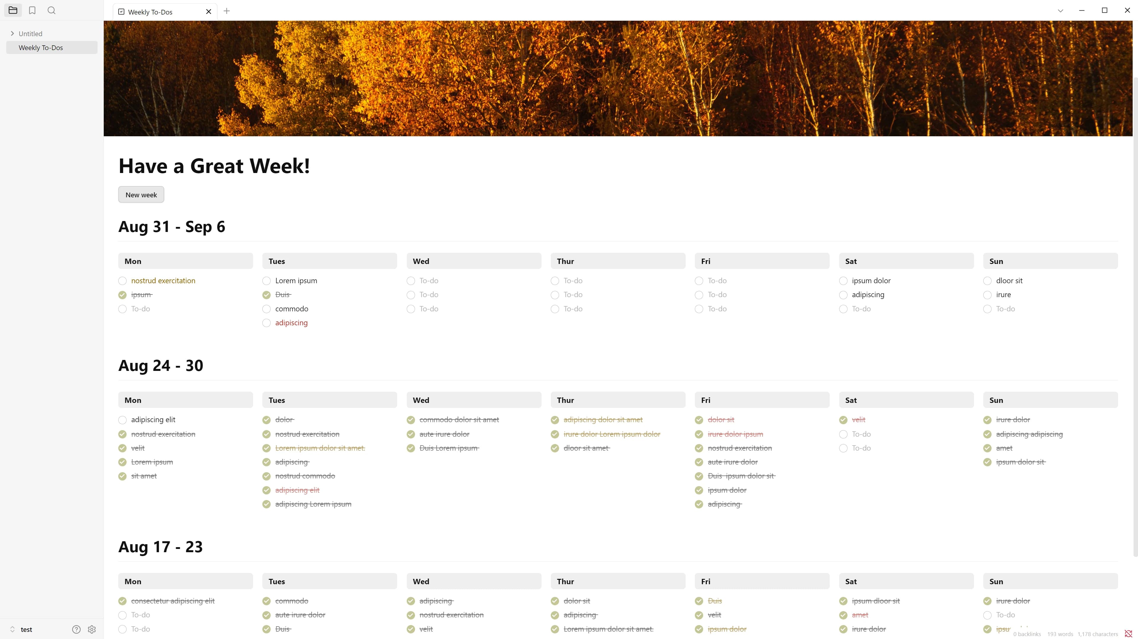 Sunday open in Obsidian: a photograph banner across the top, a Have a Great Week heading, a New week button, then week blocks dated Aug 31 to Sep 6 and back, each one seven columns of checkboxes from Monday to Sunday with finished items struck through