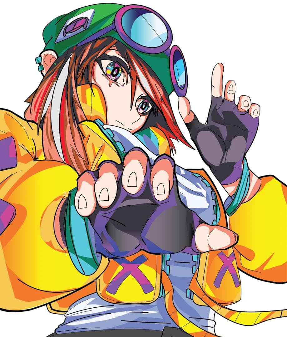 The finished character, inked and colored, reaching a hand toward the viewer